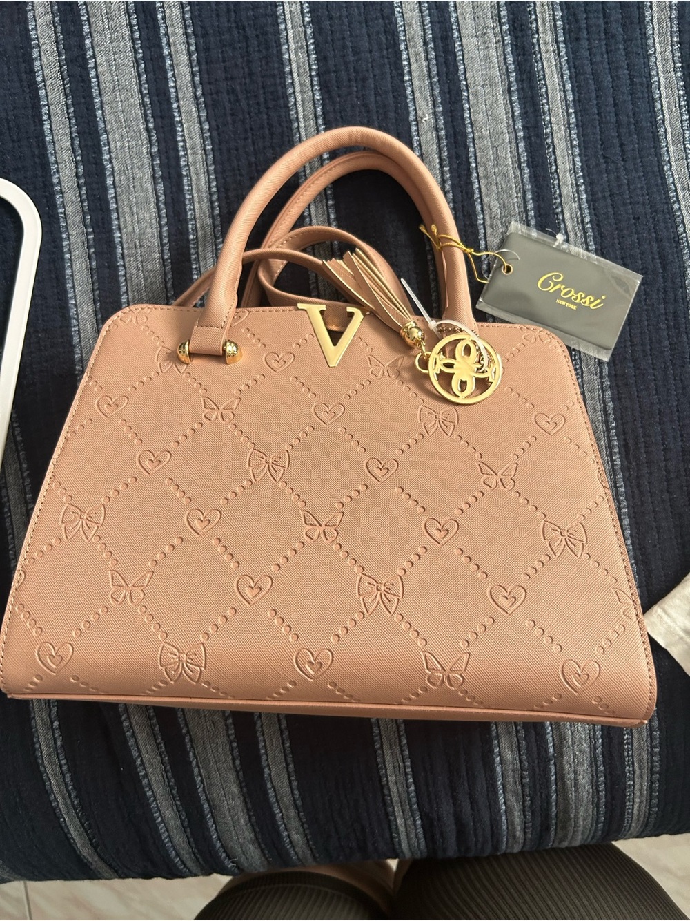 Blush Pink Embossed Satchel with Gold Charm